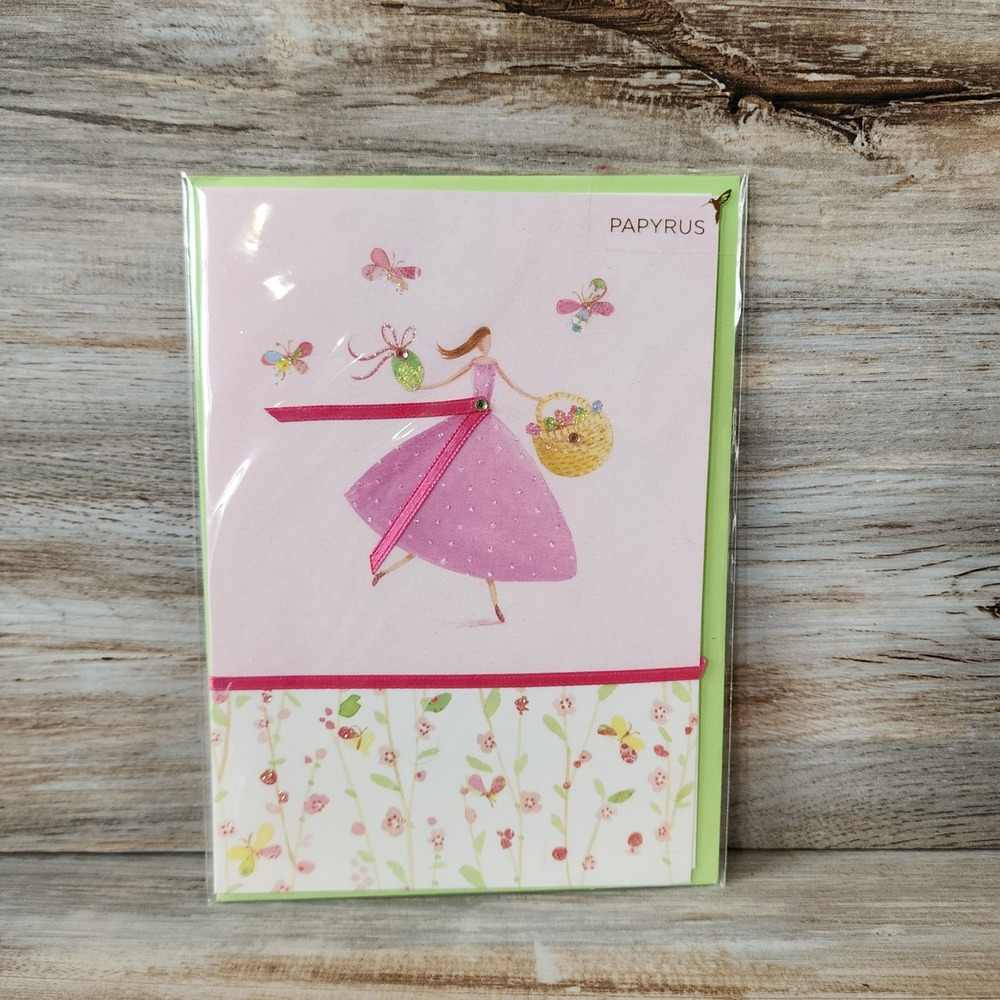 Papyrus Happy Easter Greeting Card Girl in Purple Dress Anna Walker Butterflies